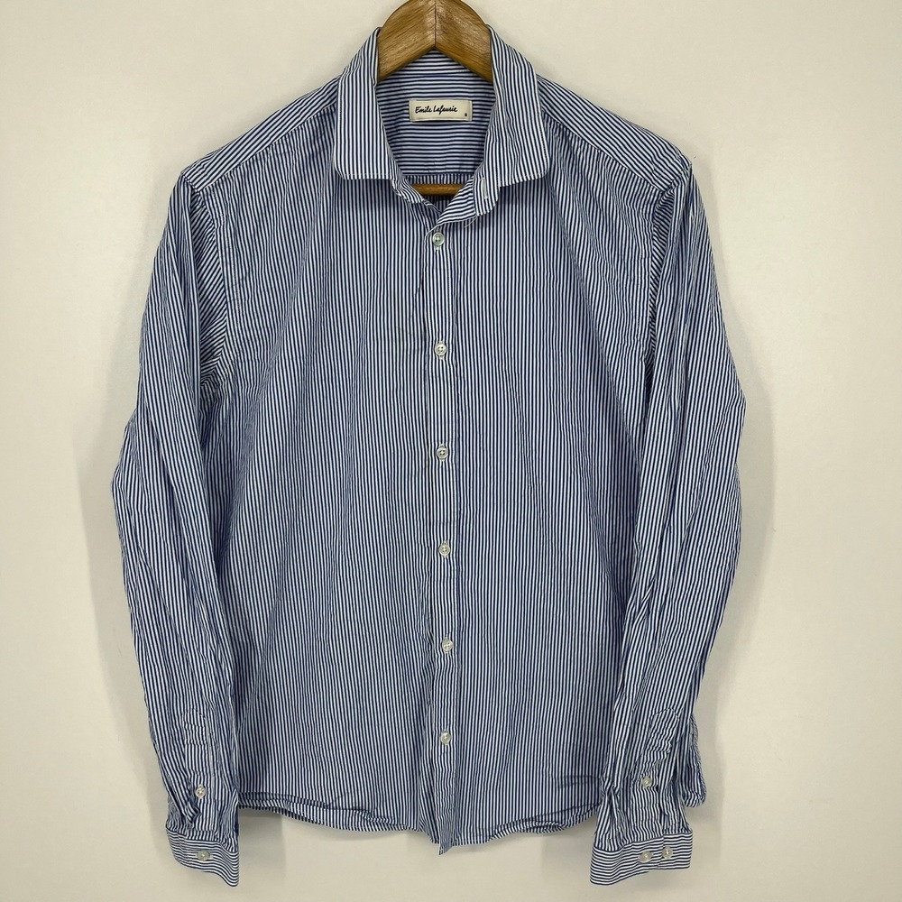 Emile Lafaurie Nalgo Mens Blue White Striped Cotton Button Down Shirt Small
